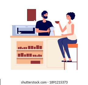 Girl drink coffee. Woman with cup, barista making hot drink. Cafe restaurant o cafeteria, flat breakfast or lunch vector characters