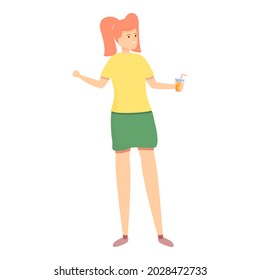 Girl drink juice icon cartoon vector. Woman kid. Cute child