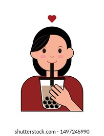 A girl drink pearl milk tea with happiness. A woman drink bubble milk tea. isolated vector.