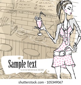The girl with a drink at restaurant. Vector illustration. Eps 10.
