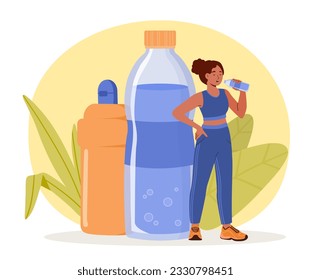 Girl drink water concept. Woman with bottle of aqua. Fight thirst and dehydration. Sportswoman with water salt balance. Healthy eating and lifestyle, fitness. Cartoon flat vector illustration