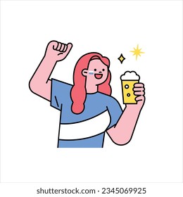 A girl is drinking beer and cheering. Supporters cheering for a sports team. outline simple vector illustration.