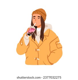 Girl drinking boba, Korean bubble milk tea in takeaway glass with straw. Young woman holding take-away Asian bubble beverage in hand. Flat graphic vector illustration isolated on white background