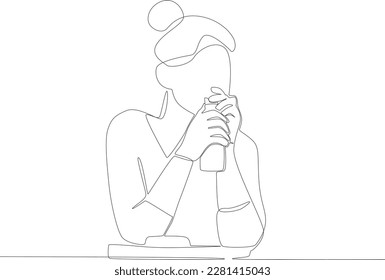 A girl drinking a bottle of milk. Lunch at school one line drawing