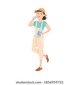 Girl Drinking Clean Water from Plastic Bottle, Woman in Safari Outfit Quenching Thirst, Healthy Lifestyle Concept Cartoon Style Vector Illustration