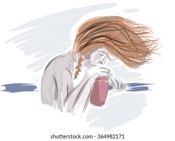 The girl is drinking a cocktail on the terrace