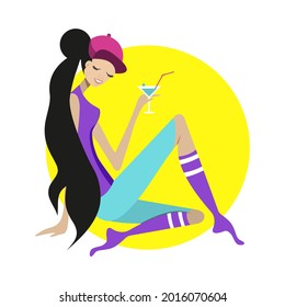 Сute girl drinking cocktail. vector illustration.