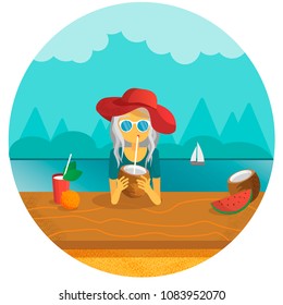 girl drinking a coconut with a sipping straw vector illustration. summer concept. vacation at tropics