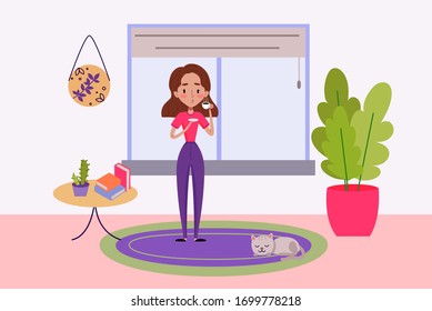 Girl is drinking coffe at home standing near the window and plant tree. Cat is sleeping on cozy carpet. Vector cartoon illustration