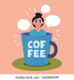 Girl drinking coffee. Beautiful girl takes bath in the cup of coffee. Cartoon vector girl. Handdrawn illustration.