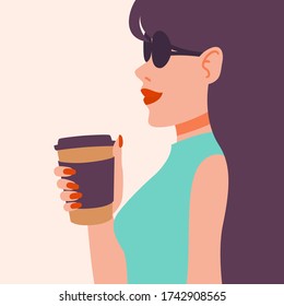 Girl drinking coffee. Beautiful young woman enjoying a drink. Lady with long dark hair in sunglasses, red manicure, red lipstick, cup. Vector illustration. Pop art fashion.