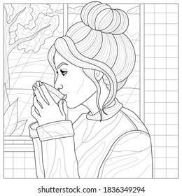  Girl drinking coffee by the window.Coloring book antistress for children and adults. Illustration isolated on white background.Zen-tangle style.