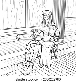 Girl drinking coffee in cafe. Coloring book antistress for children and adults. Illustration isolated on white background. Hand draw. Zen-tangle style