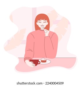 Girl drinking coffee and eating cupcake in coffee shop or cafeteria, young woman holding her cup sitting at cafe table, flat vector illustration, cartoon character