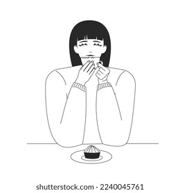 Girl drinking coffee and eating cupcake in coffee shop or cafeteria, young woman holding her cup sitting at cafe table, black and white vector illustration, cartoon character, line art