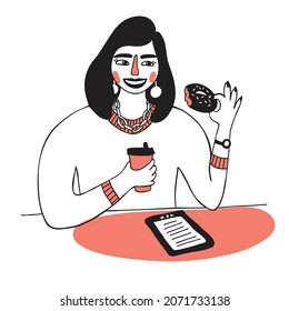 The girl is drinking coffee, eating a donut and reading an e-book. Illustration in cartoon style.