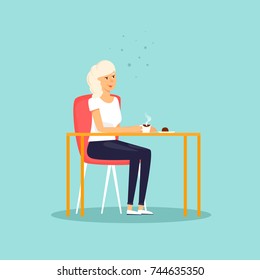 Girl drinking coffee. Flat design vector illustration.