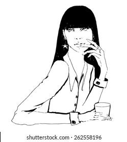 Girl drinking coffee, hand drawing illustration  in black and white