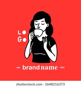 Girl drinking coffee. Hand drawn style vector design illustrations. Logo