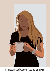Girl drinking coffee from a large cup. The girl has a watch on her hand. Digital flat illustration. Color vector image.
