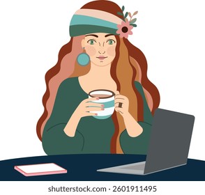 Girl drinking coffee in the office. Hippie and boho style.