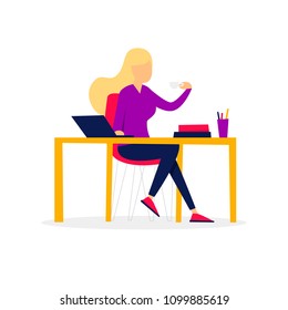 Girl drinking coffee, office life. Flat style vector illustration.