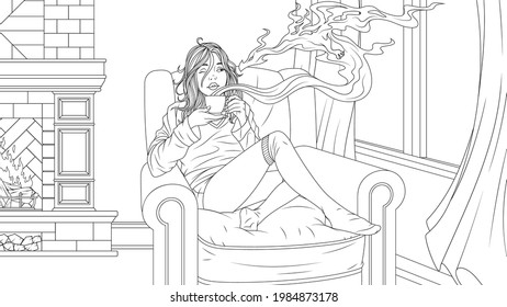 girl drinking coffee on an armchair by the fireplace, vector illustration, coloring