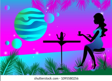 Girl drinking coffee on a background of sky or space