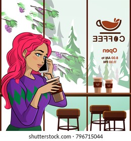 A girl is drinking coffee on a winter day. Professional comics art illustration. Vector comic illustration. Story Art. Girl on the coffeeshop interior background. A work day at the cafe.
