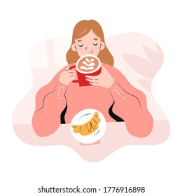 Girl drinking coffee in coffee shop or cafeteria, woman enjoying her cappuccino drink in red mug, young woman holding her cup sitting at cafe table, flat vector illustration, cartoon character