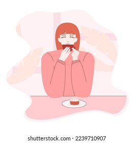 Girl drinking coffee in coffee shop or cafeteria, woman enjoying her cappuccino drink in red mug, young woman holding her cup sitting at cafe table, flat vector illustration, cartoon character