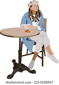 A girl is drinking coffee in a coffee shop or cafeteria, a woman is enjoying her drink, a young woman is holding her cup while sitting at a cafe table, a croissant is on a plate, a flat vector illustr