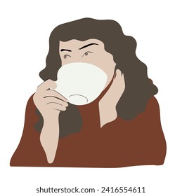 Girl drinking coffee in coffee shop or cafeteria, woman enjoying her cappuccino drink in white mug, young woman holding her cup sitting at cafe table, flat vector illustration, cartoon character