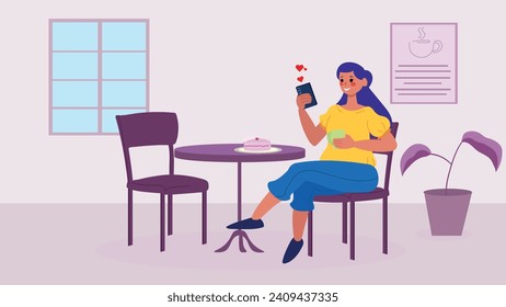 A girl is drinking coffee at a table in a cafe,  user interface illustration, simple icon, white background.