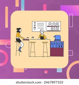 Girl drinking coffee and talking with barista in cafe. Coffee shop, barista job flat vector illustration. Morning, communication concept for banner, website design or landing web page