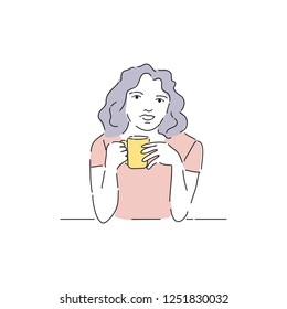 A girl drinking coffee vector illustration. A woman drinking a warm drink. hand drawn style vector flat design illustration.