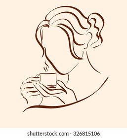 girl drinking coffee, vector, sketch