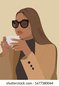 
Girl drinking coffee. Young stylish girl sitting in cafe.Vector flat illustration. Cozy morning coffee. Lady in black glasses.
