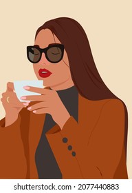 Girl drinking coffee. Young stylish girl sitting in cafe.Vector flat illustration. Cozy morning coffee. Lady in black glasses.