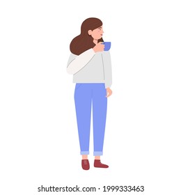 Girl drinking coffee.Smiling female and beverage. Vector illustration.