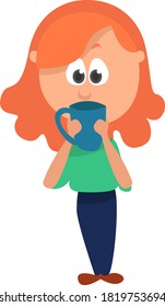 Girl drinking cup of coffee, illustration, vector on white background