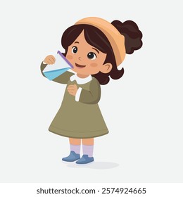 Girl Drinking from a Glass Vector Illustration. A cheerful girl in a school uniform is happily drinking from a glass, enjoying her beverage with a bright smile