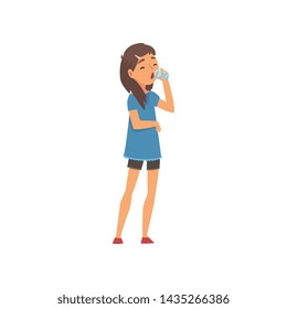 Girl Drinking Glass of Water, Kid Enjoying Drinking of Fresh Clean Water Vector Illustration