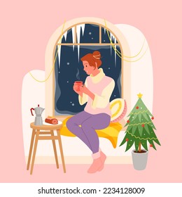 Girl drinking hot coffee by window vector illustration. Cartoon happy woman holding glass cup of drink and steam, sitting on windowsill and looking out at night snowfall, cozy winter rest at home