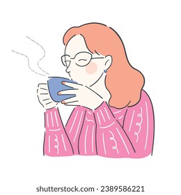 Girl drinking hot drink vector illustration. Cartoon young woman in warm clothes holding a cup of hot tea or coffee. Break time concept isolated on white.