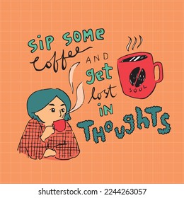 Girl drinking hot steaming coffee illustration