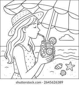 Girl Drinking Juice on the Beach – Summer Vacation Coloring Page for Teens