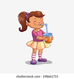 girl is drinking juice, vector on the white background