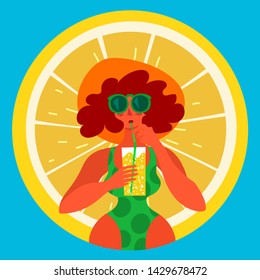 Girl drinking lemon cocktail in summer circular illustration.