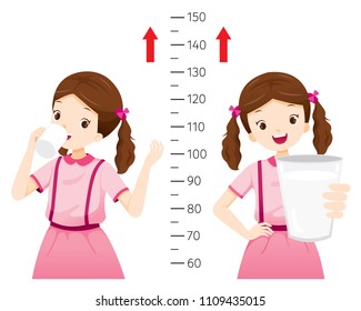 Girl Drinking Milk For Health And Taller. Girl Measuring Her Height, Tall, Healthy, Care, People, Lifestyle